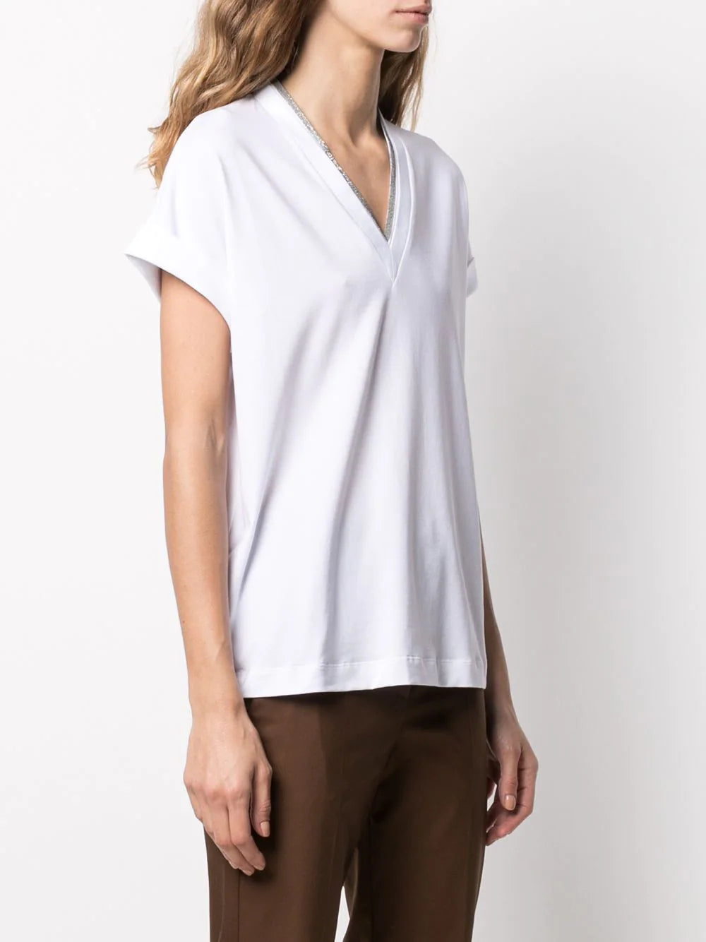 T-silvery trim V-neck T-shirt