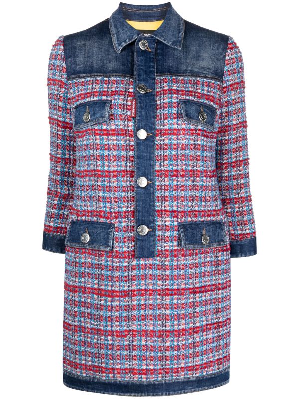 panelled tweed denim mini dress