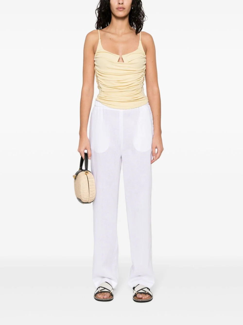chambray pipe-trim tapered trousers