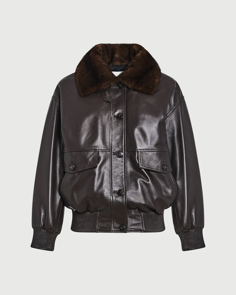 Short lambskin leather jacket with detachable mink fur collar