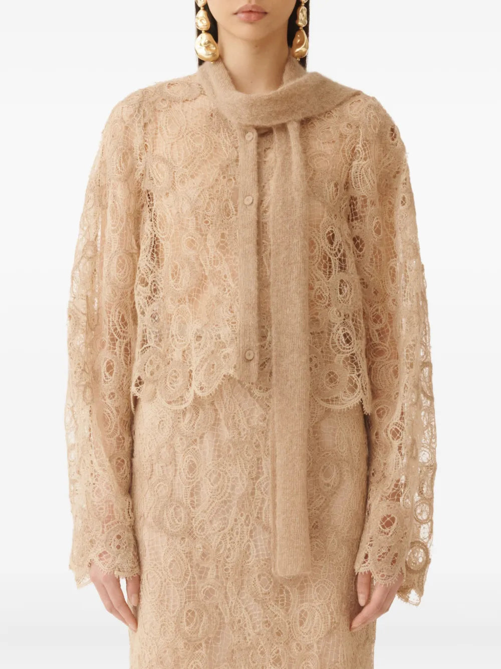macramé-lace tie-neck shirt