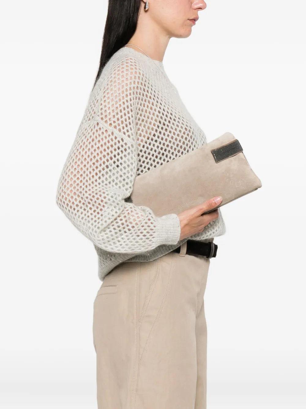 Monili-chain suede clutch bag