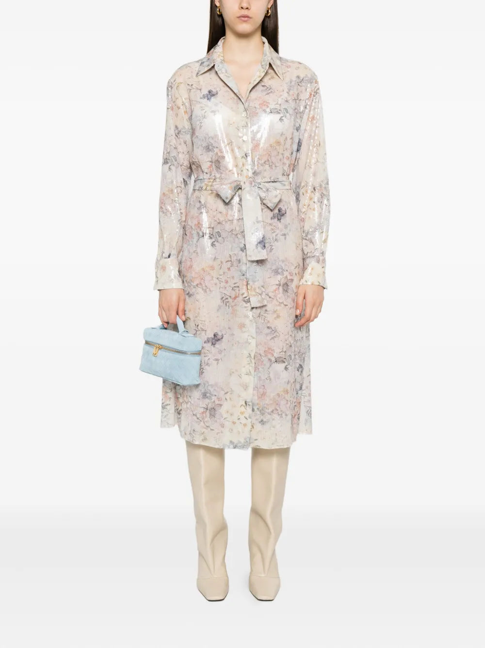 sequin floral shirt midi day dress