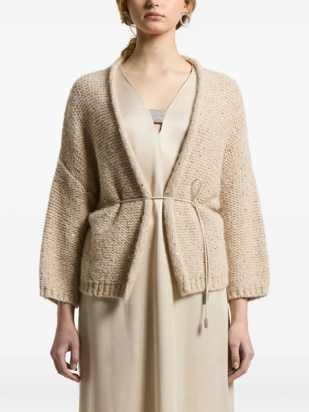 sequin-embellished belted cardigan