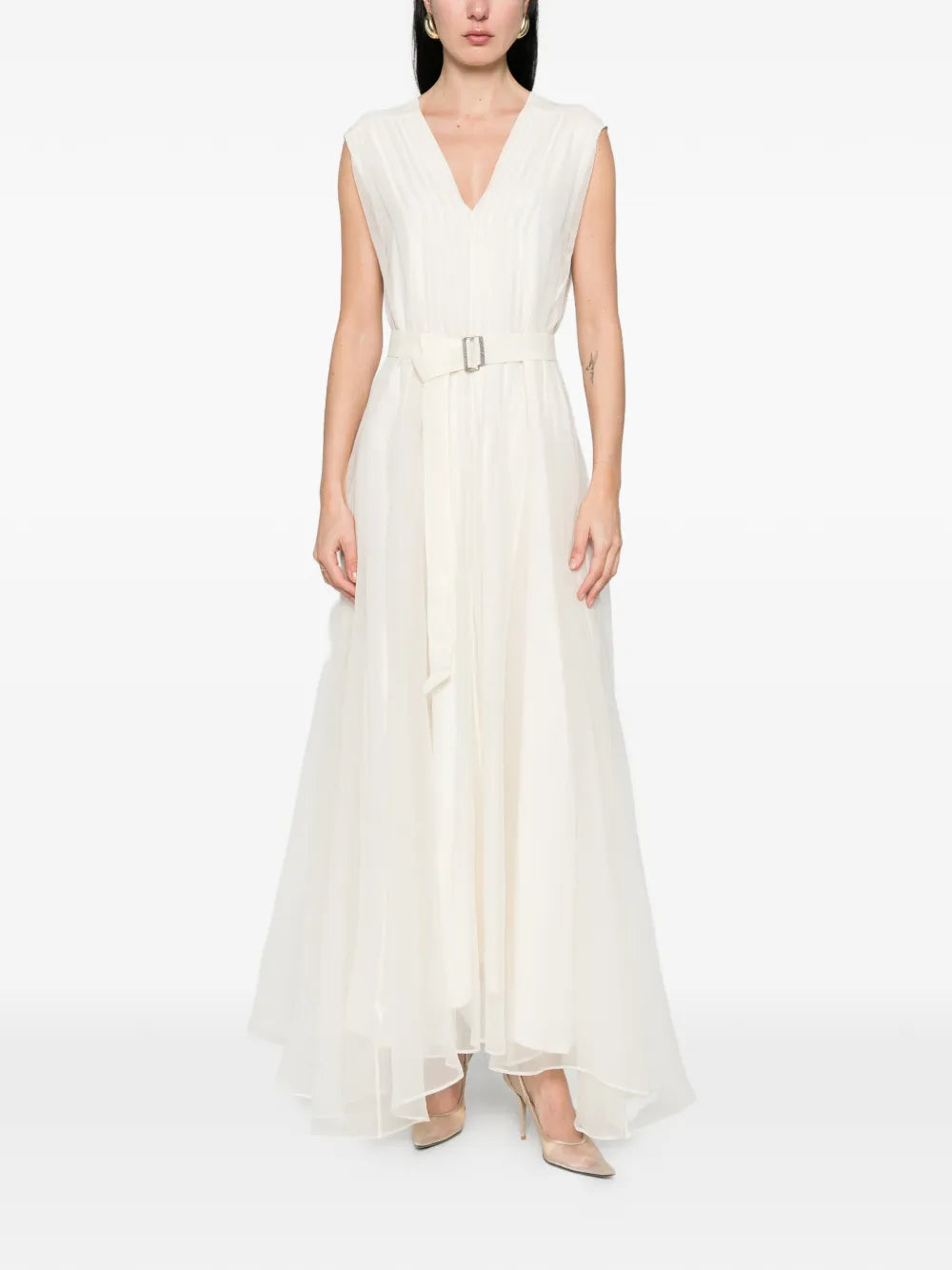 pleated belted maxi dress