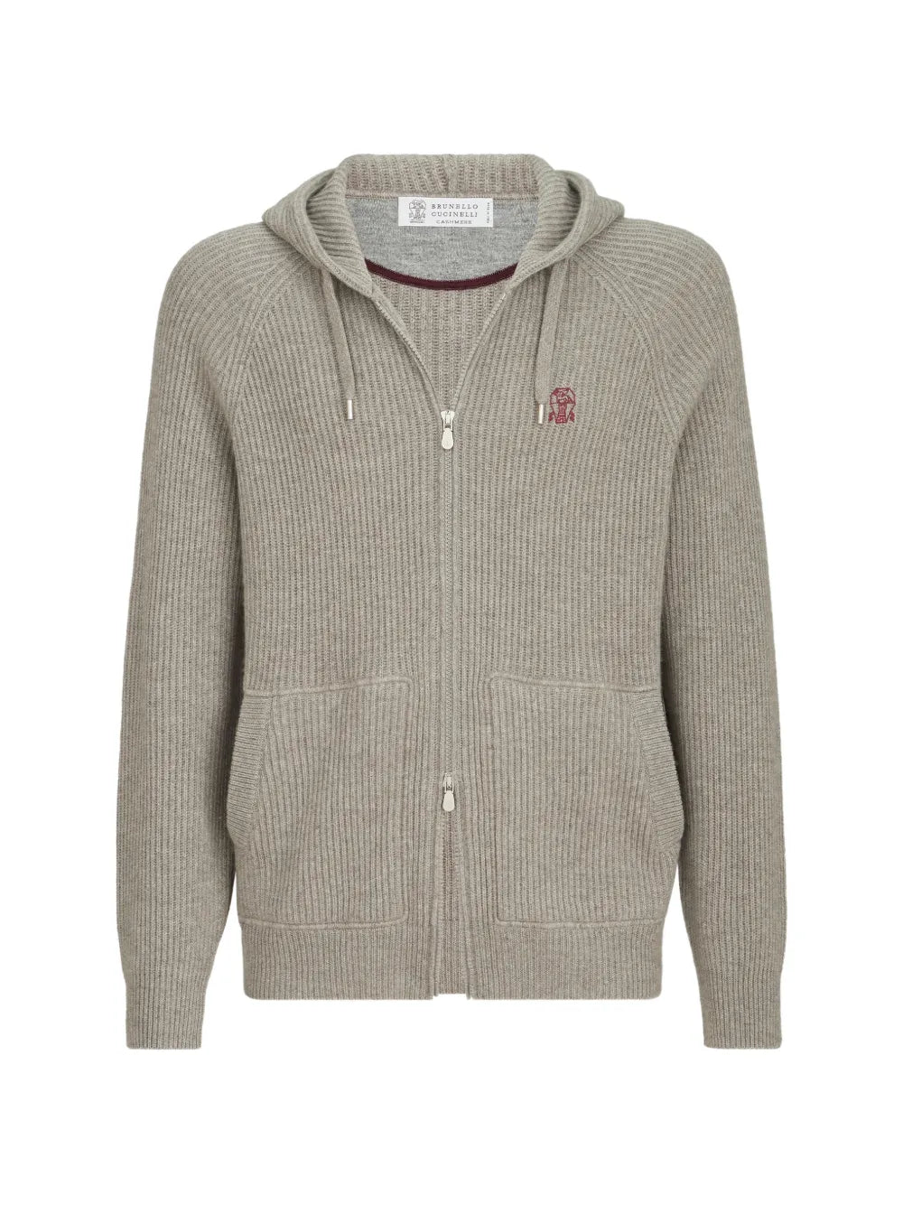cashmere English rib hooded knit sweatshirt with logo and zipper