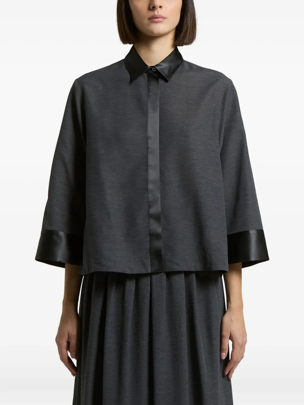 satin-trim three-quarter sleeve shirt