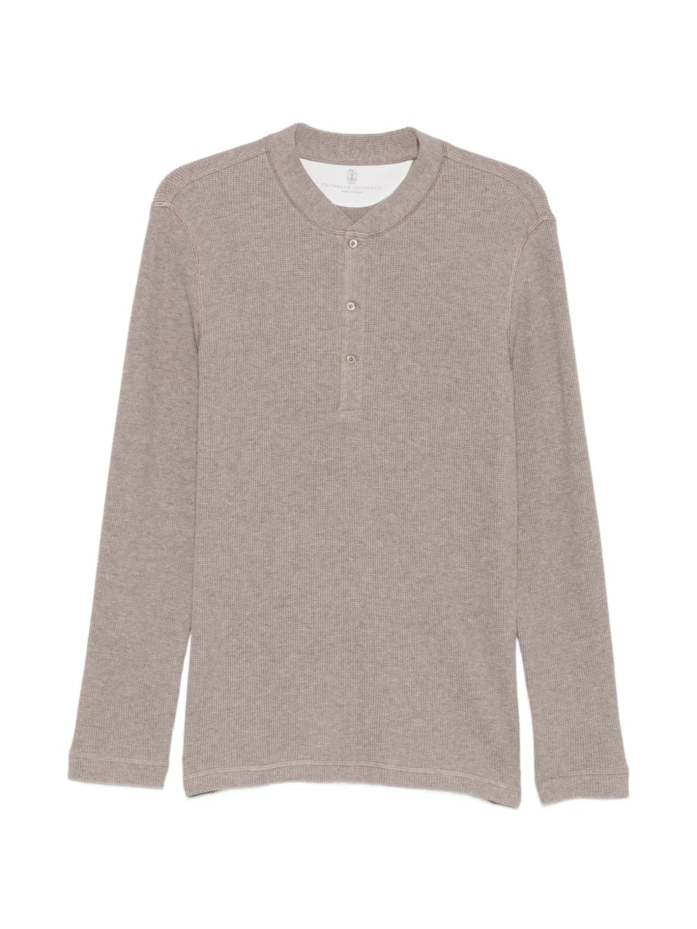 henley-neck waffle-knit sweater